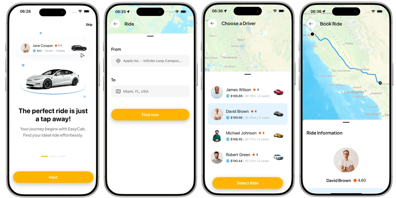 Ekrani aplikacije EasyCab: Mobilna aplikacija za naručivanje prevoza