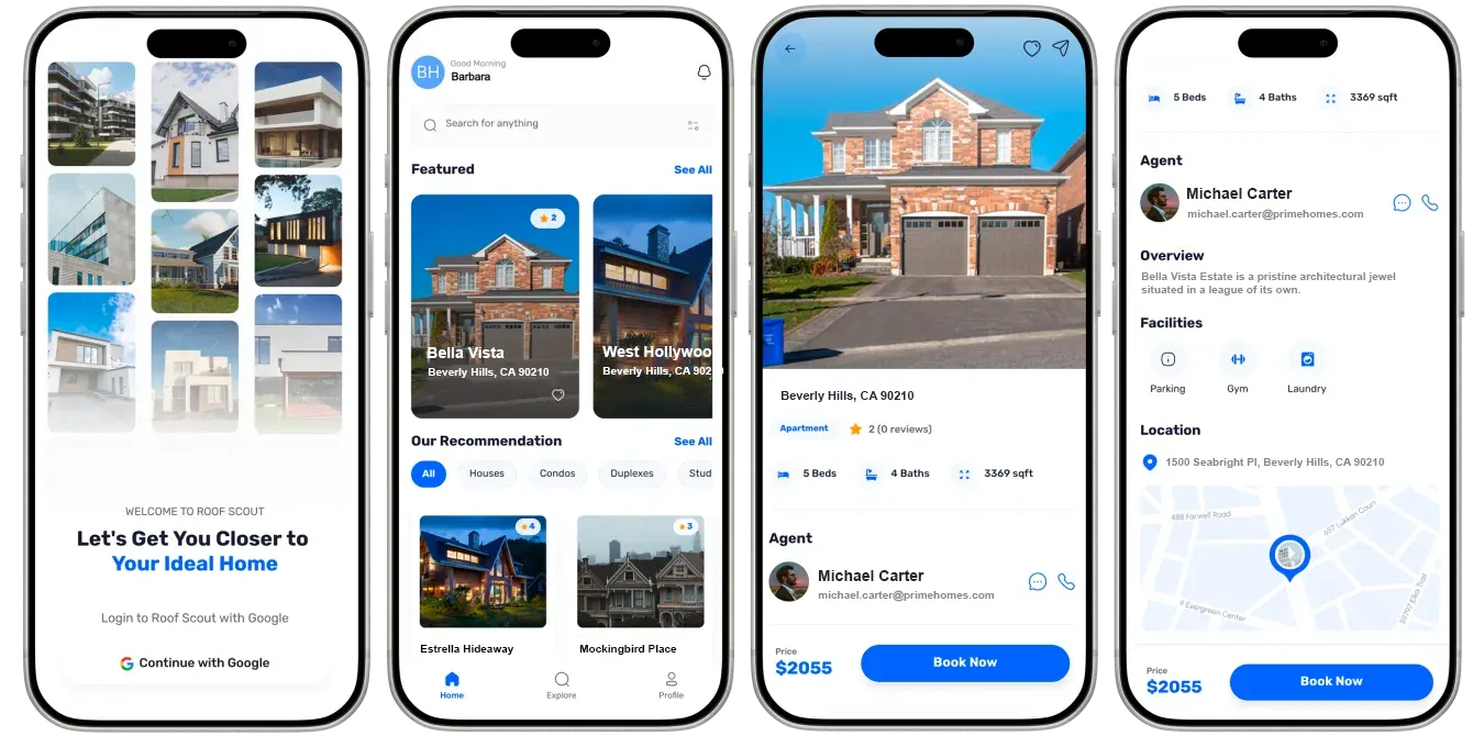 Ekrani aplikacije RoofScout: Mobilna aplikacija za nekretnine